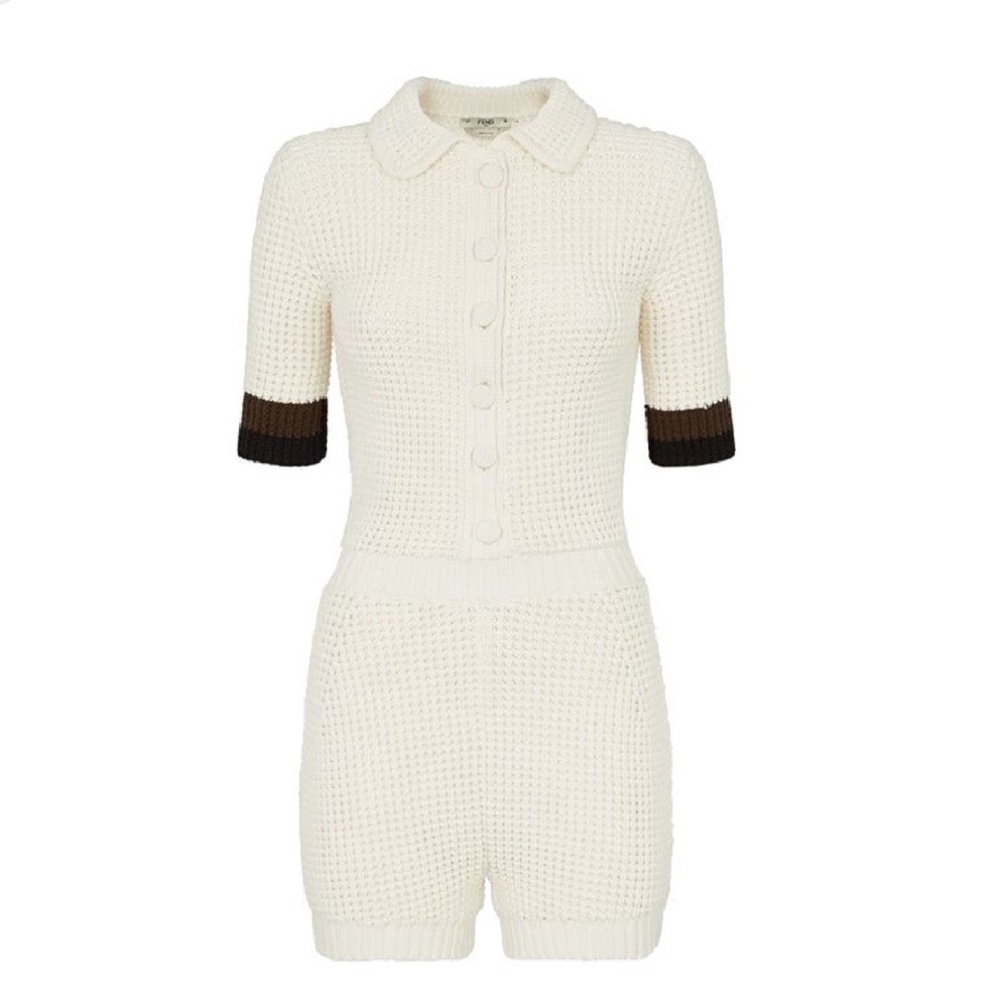 Chic White Knit Romper with Black Cuffs